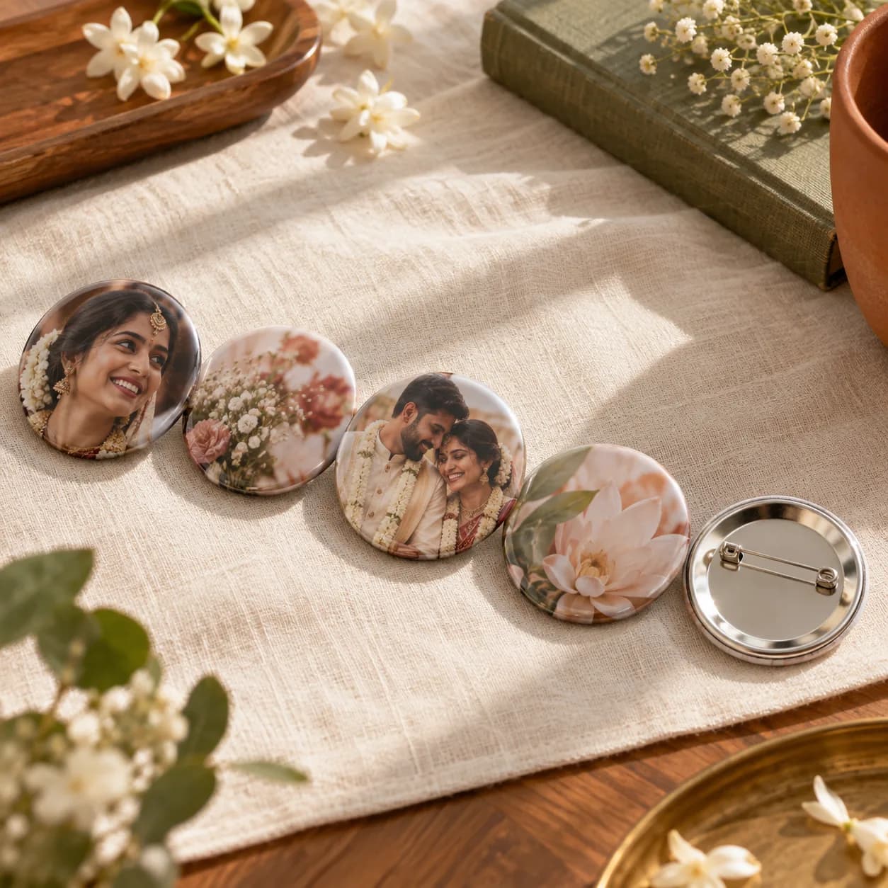 A set of personalised pin badges laid out in a row