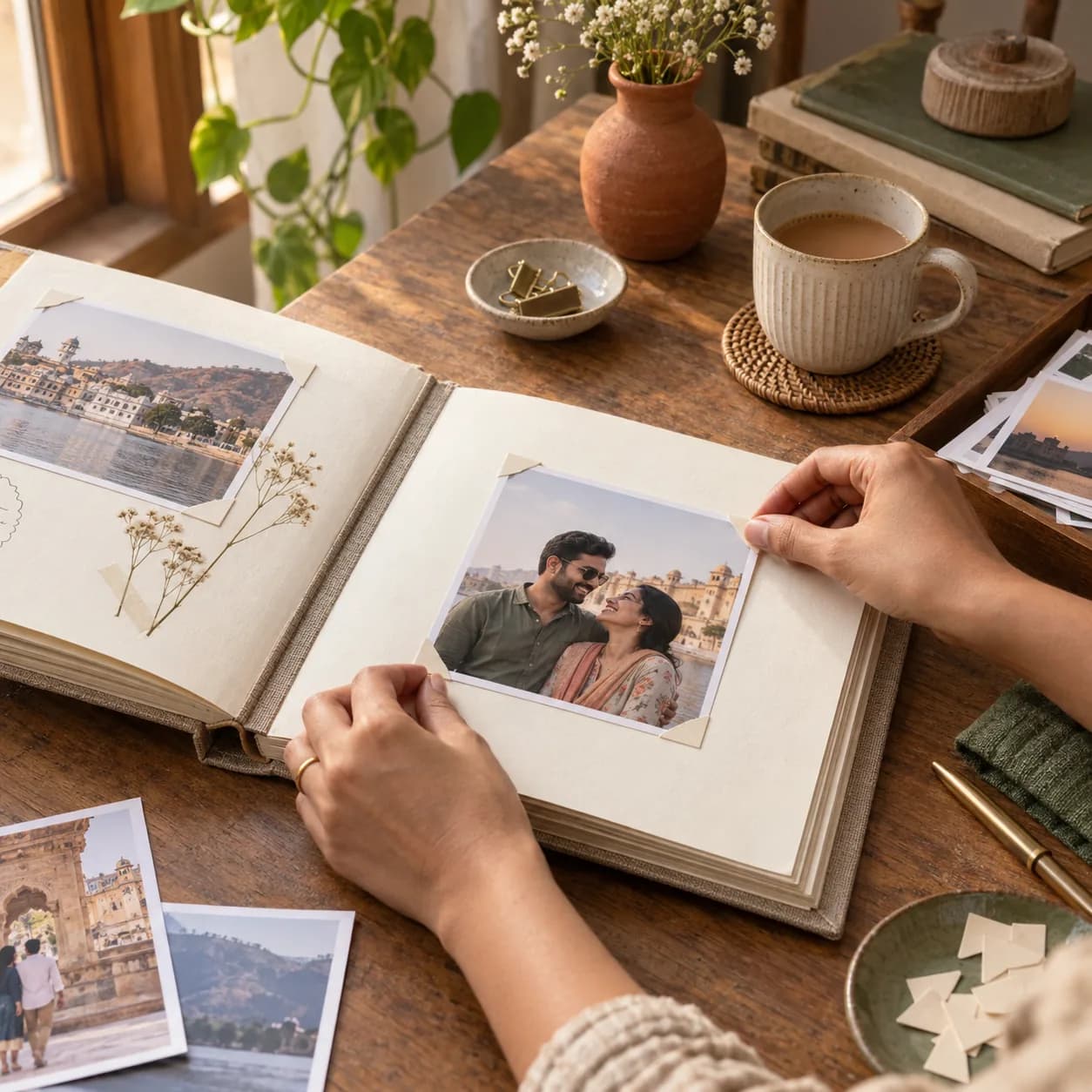 Assembled — Pages built up, photographs set in place, the whole thing bound.