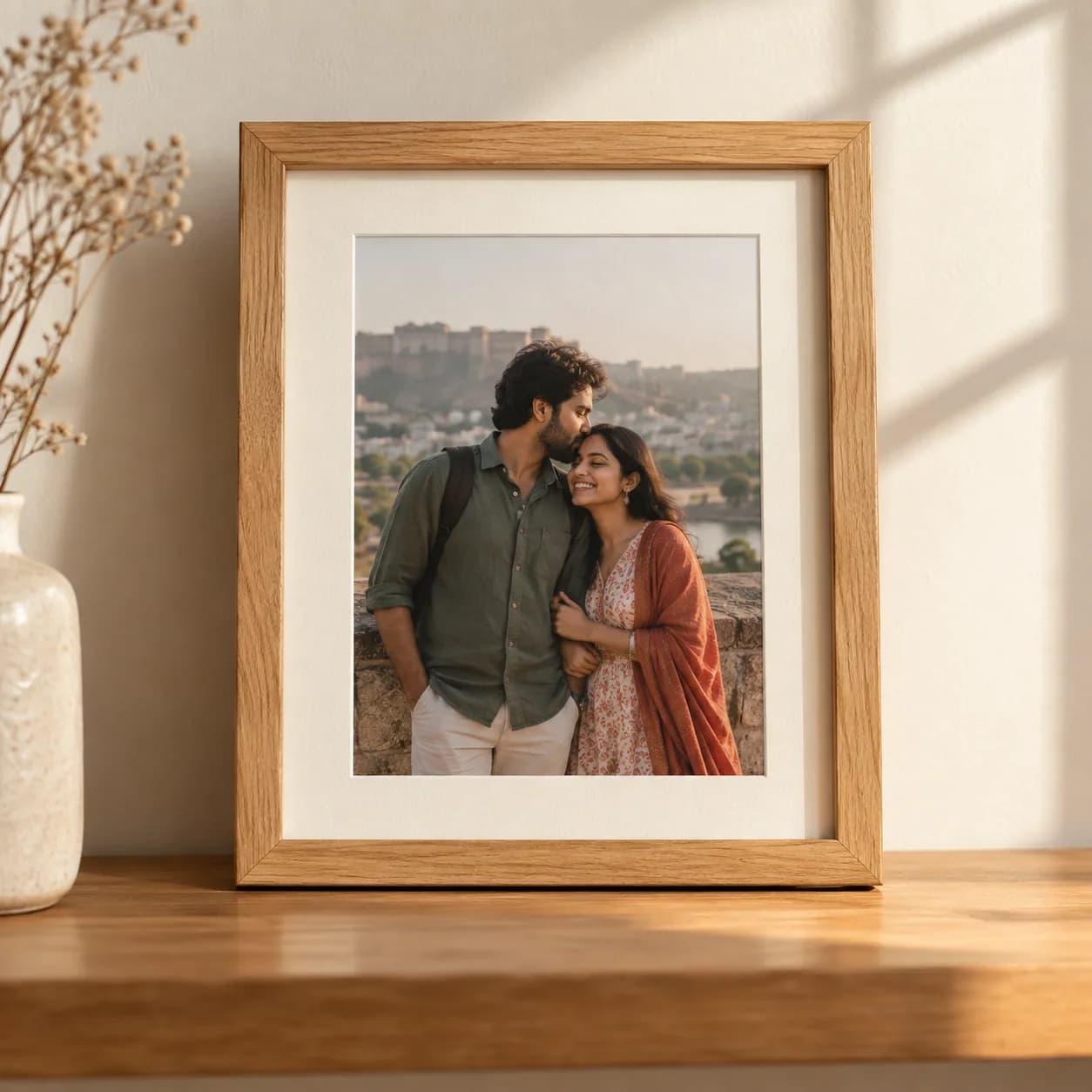 A framed photograph standing on a shelf in natural light