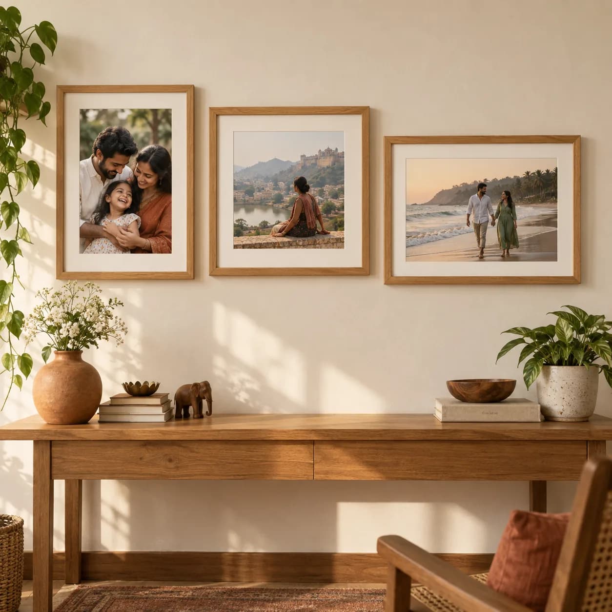 Framed photographs of different proportions arranged on a wall