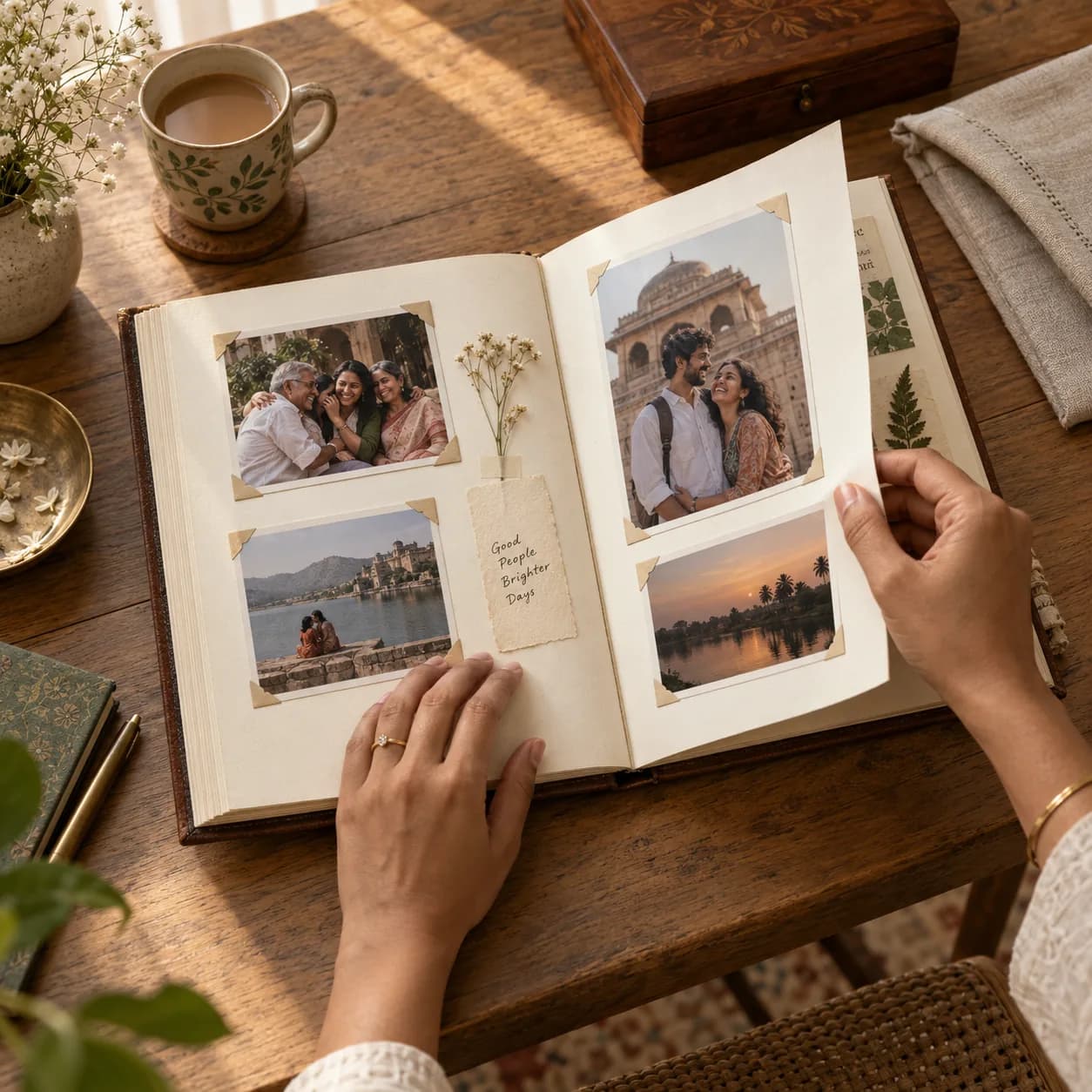 Hands turning the pages of a finished scrapbook