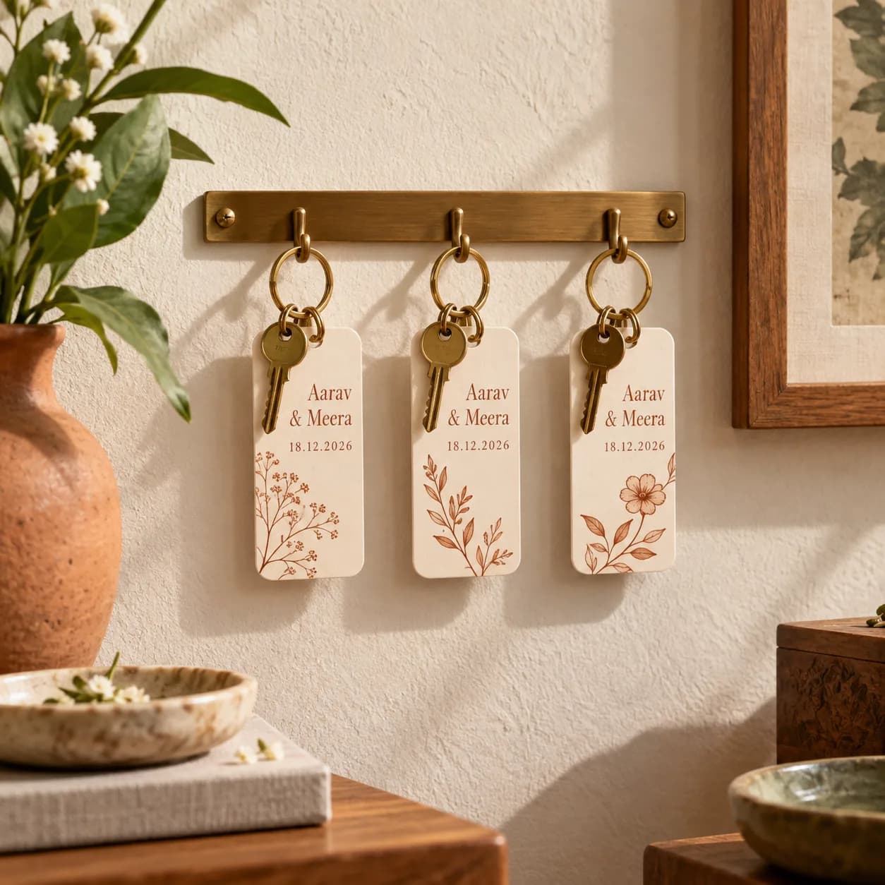 Personalised wedding room key holders with names and a date
