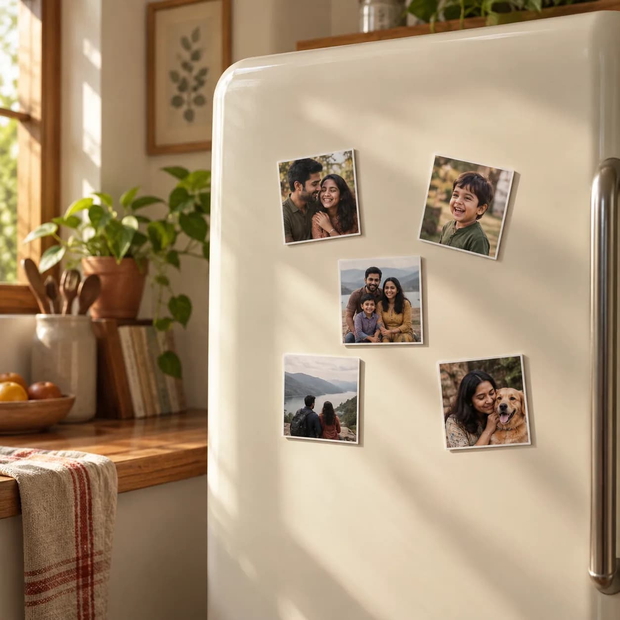 Photo magnets arranged on a fridge door
