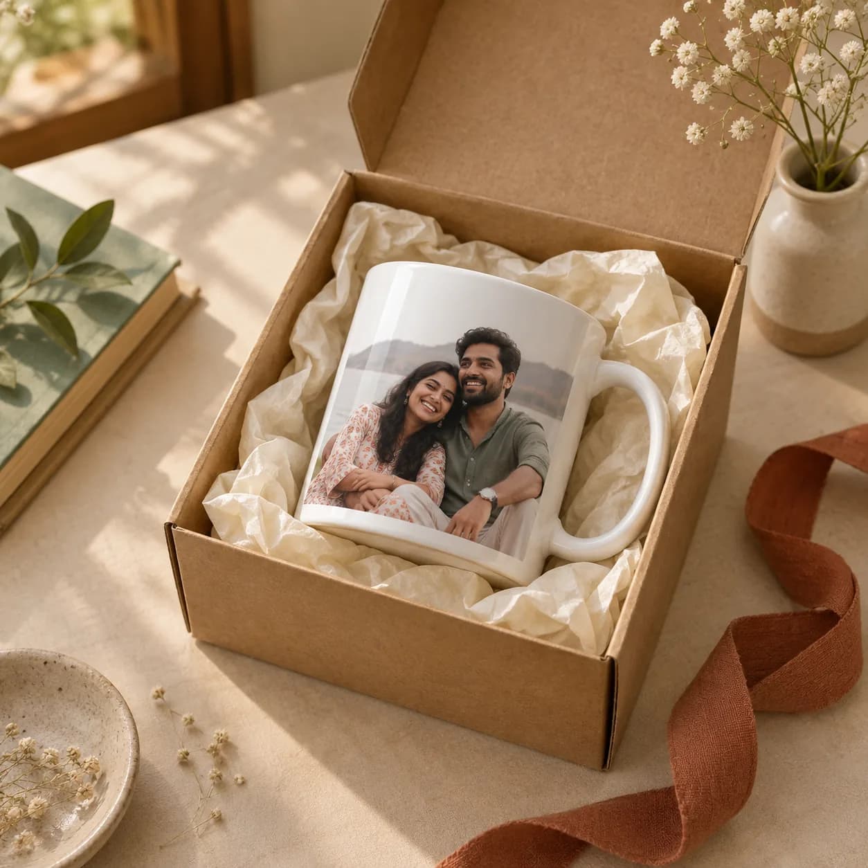 A printed mug wrapped as a gift