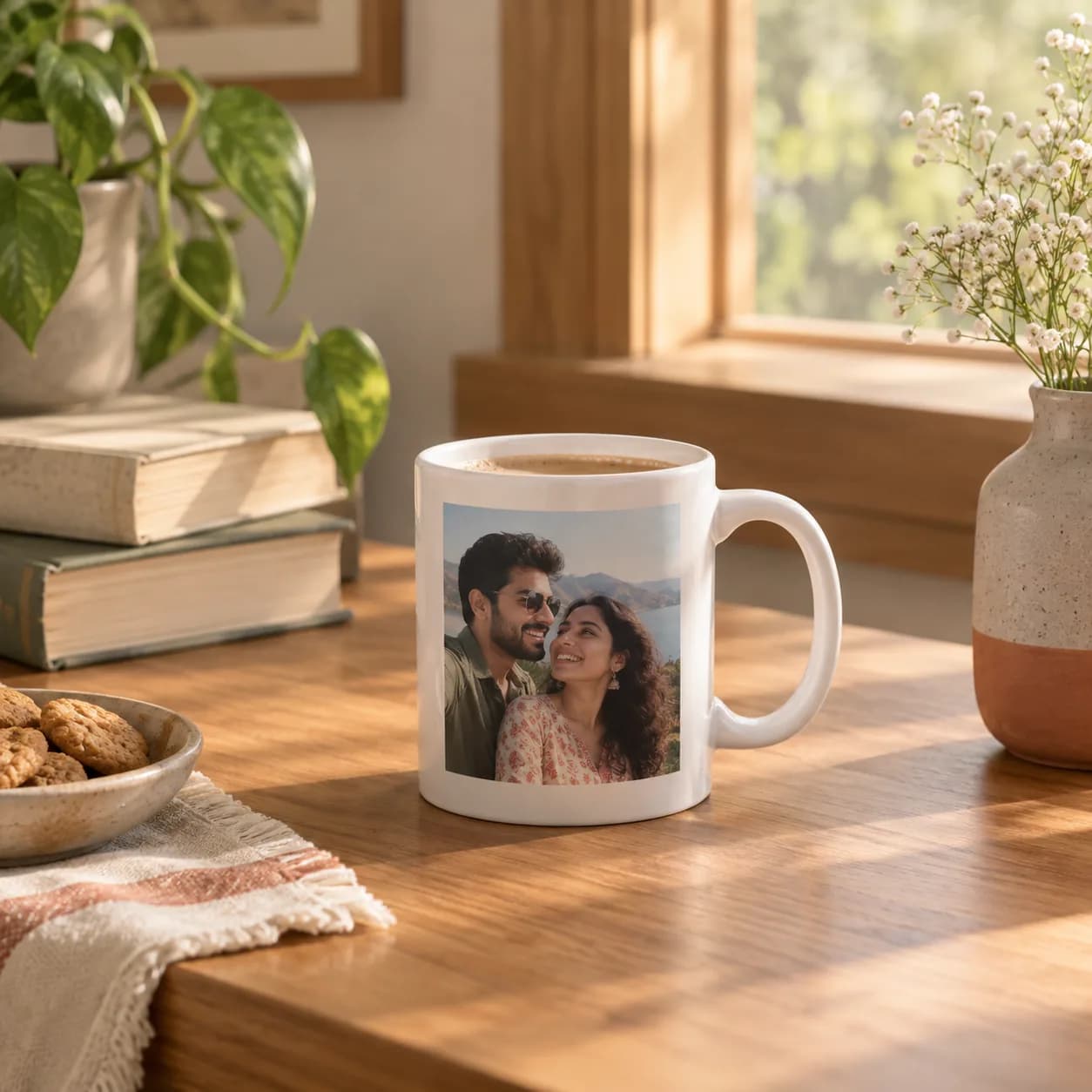 A mug printed with a photograph, beside a window