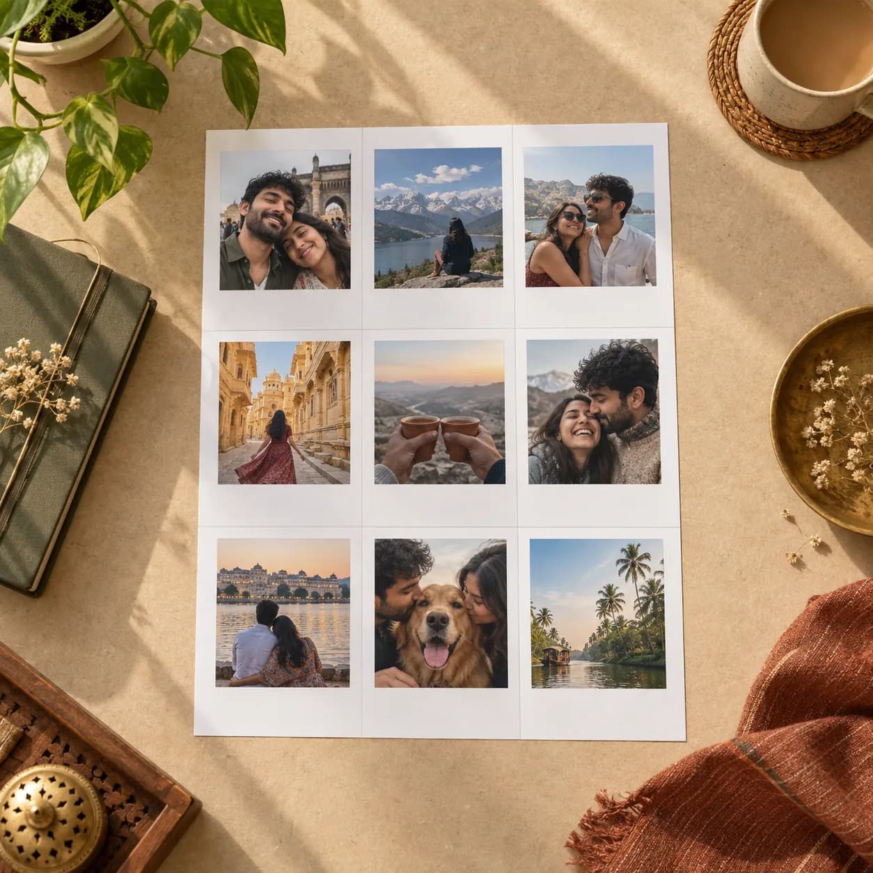 A sheet of printed photographs waiting to be cut apart
