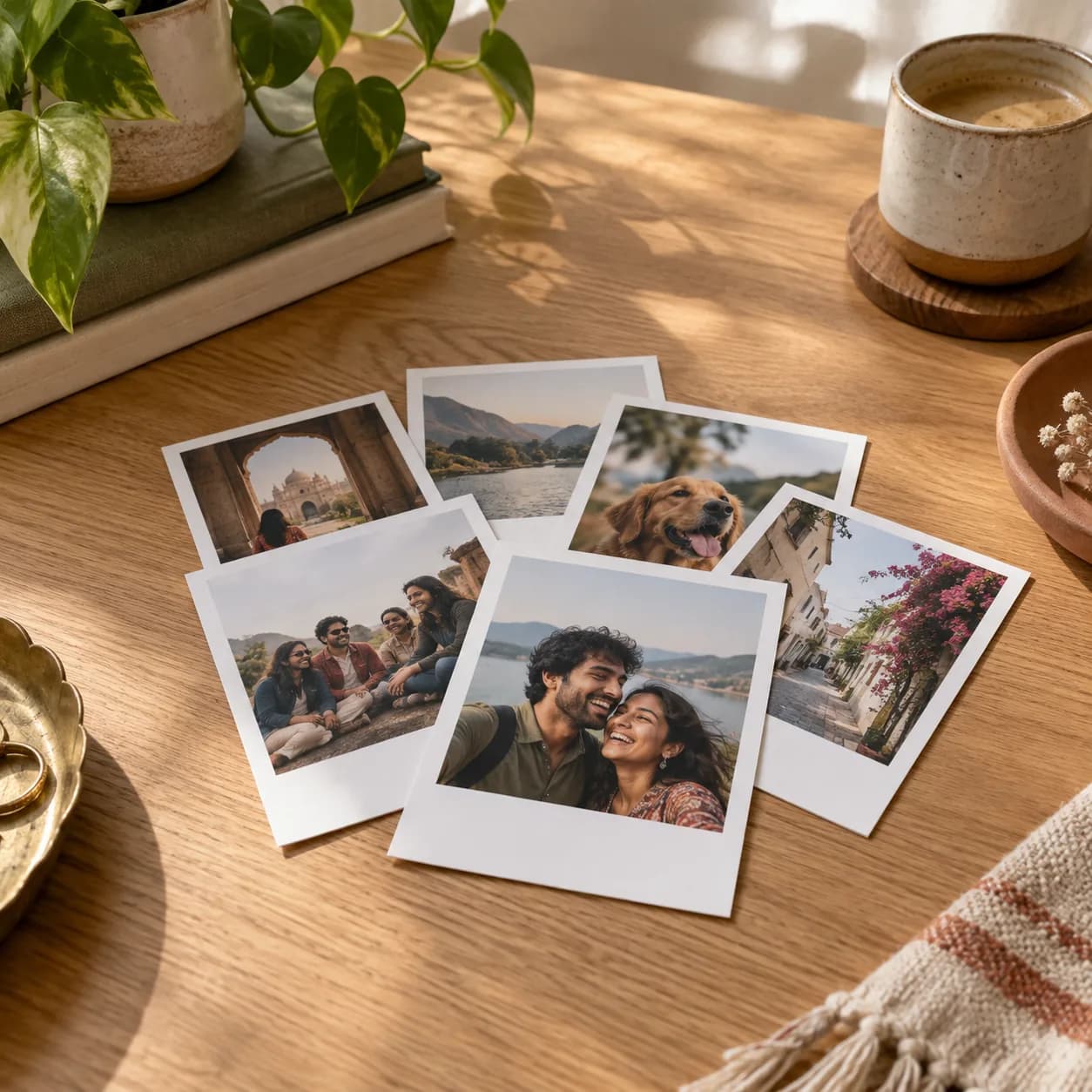 A scattered stack of polaroid-style prints with white borders