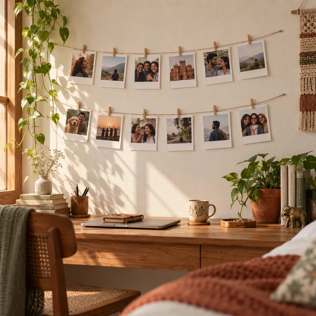 Polaroid prints laid out for a wedding display