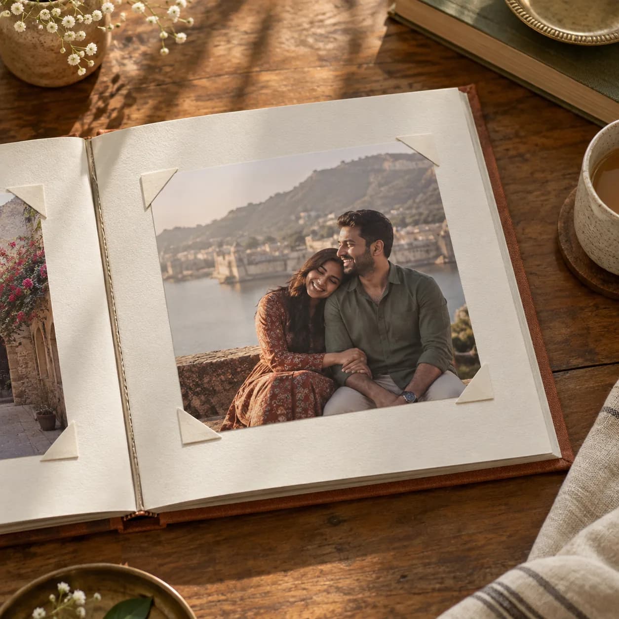 Close detail of a scrapbook page with a photograph held by paper corners