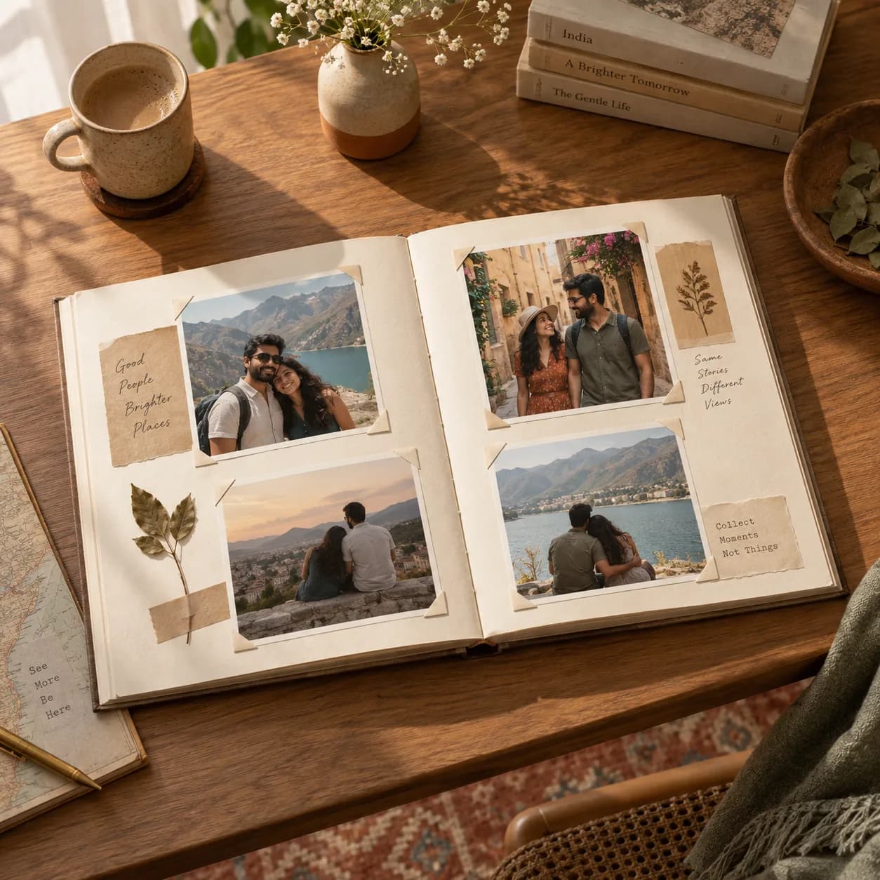 An open custom scrapbook with printed photographs across both pages