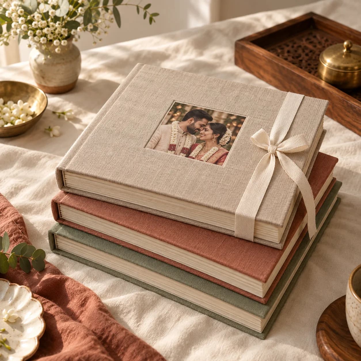 A stack of finished wedding scrapbooks